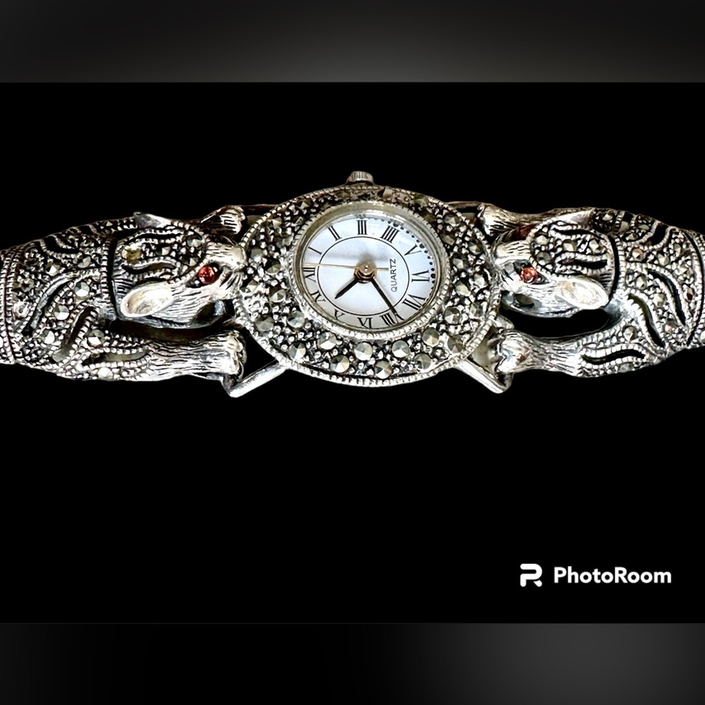 Sterling silver marcasite topaz eyes bendable leopard panther unique tiger watch - Picture 5 of 8